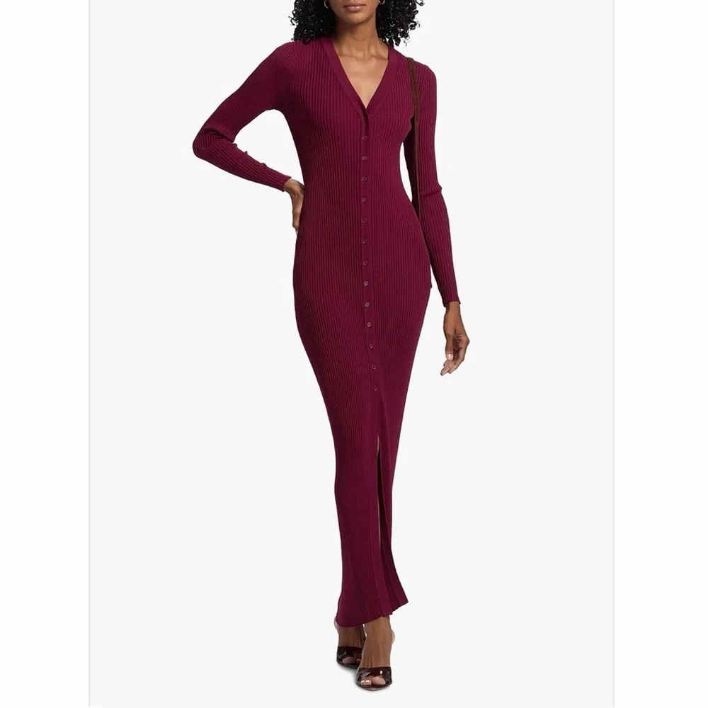 Staud Shoko Rib-Knit Button-Front Maxi Dress in crimson color - Picture 1 of 8